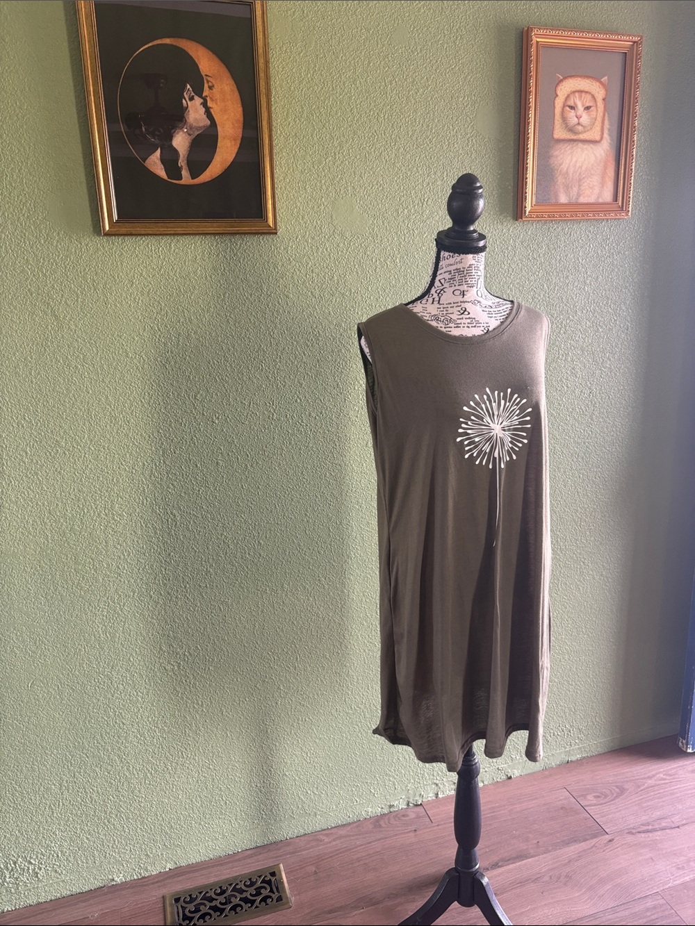 Sleeveless Olive Green Dandelion Print Dress